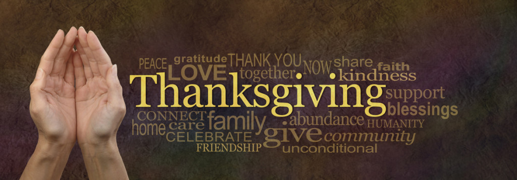 Thanksgiving Word Cloud Website Banner - Female cupped hands alongside a golden 'Thanksgiving' word surrounded by a relevant word cloud on a warm dark golden stone effect background